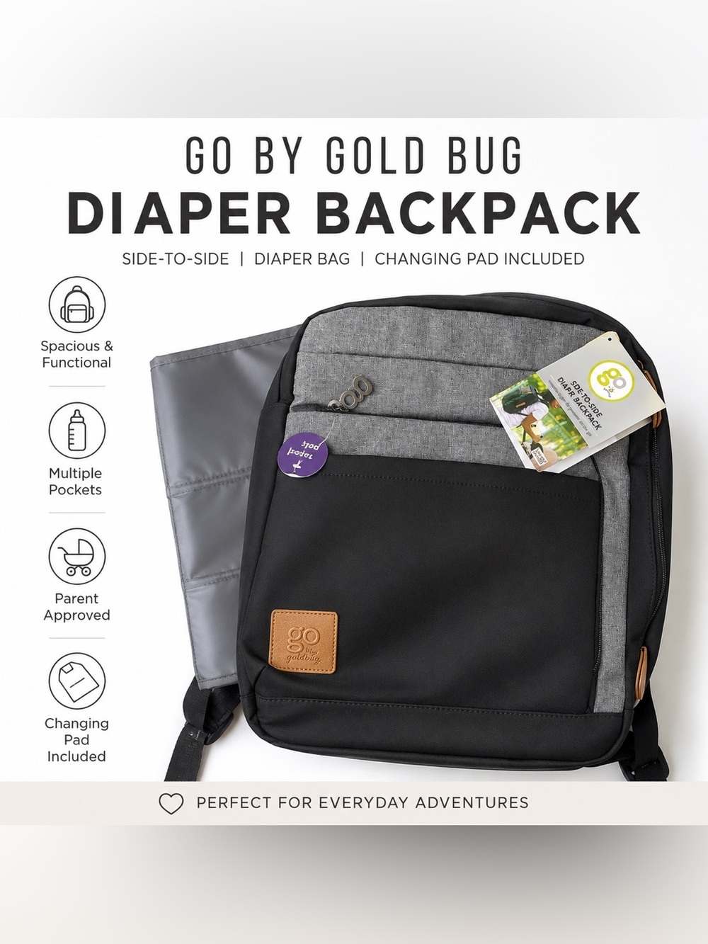 Go by Goldbug Side-to-Side Diaper Backpack Gray Black w/ Changing Pad NWT